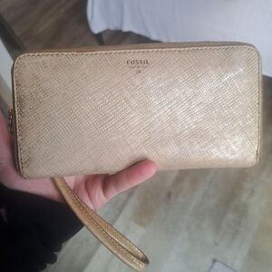 Fossil Gold Metallic Coated Leather Zip Around Wallet Clutch